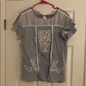 Striped Blue and White Embroidered Women's Top